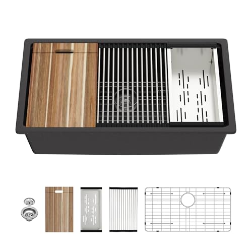 Mocoloo Küchenspüle aus Granitverbundstoff, 84 cm, schwarz, Unterbauleiste, Arbeitsplatz, mattschwarzer Quarz, Einzelbecken, Unterbauspüle, Küchenspüle, 83 x 48 cm Mocoloo Küchenspüle aus Granitverbundstoff, 84 cm, schwarz, Unterbauleiste, Arbeitsplatz, mattschwarzer Quarz, Einzelbecken, Unterbauspüle, Küchenspüle, 83 x 48 cm von Mocoloo