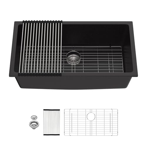 Mocoloo Unterbauspüle aus Granitverbundstoff, 83 x 48 cm, schwarze Küchenspüle, mattschwarzes Quarz, Einzelbecken, Unterbauspüle mit unterem Gitter und aufrollbarem Gestell von Mocoloo