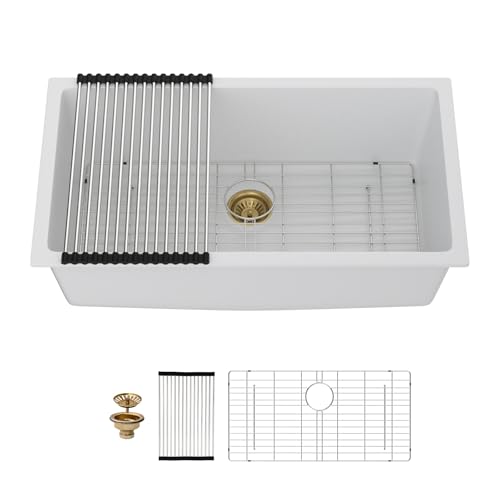 Mocoloo Unterbauspüle aus Granitverbundstoff, 83 x 48 cm, weiße Küchenspüle, mattweißes Quarz, Einzelbecken, Unterbauspüle mit goldenem Ablauf und aufrollbarem Gestell von Mocoloo