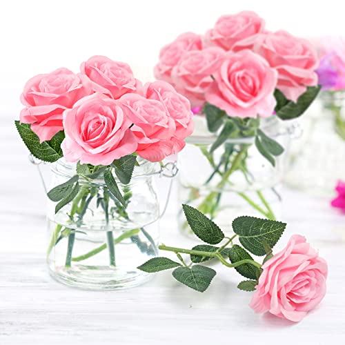 Mocoosy 12 Stück rosa Rosen künstliche Blumen zur Dekoration, rosa Seiden Rosen Kunst Einzel stiel Blumen strauß für Hochzeit Valentinstag Geburtstag Party Arrangement Herzstück Heimtischdekoration von Mocoosy