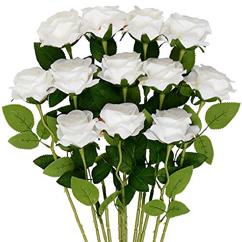 Mocoosy 12PCS Rose künstliche Blumen, weiße Seidenrosen Realistische einzelne Stiel gefälschte Rose Bouquet für Hochzeit Mittelstücke Brautdusche Hausgarten Dekorationen von Mocoosy