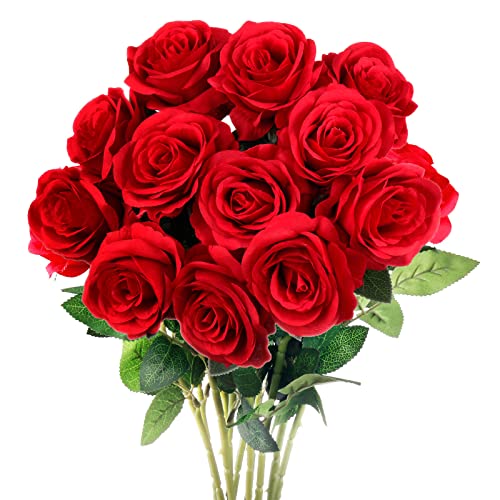 Mocoosy 12PCS Rote künstliche Rosenblüten, Seidenrosen Single Stem Realistic Fake Rose Bouquet für Hochzeit Brautdusche Hausgarten Dekorationen von Mocoosy