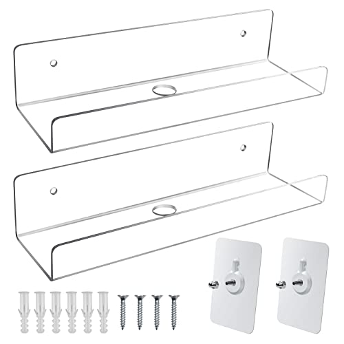 Mocoosy 2 Pack Klar Acryl Wand Schwebe Regale, 10'' Verbessert Unsichtbar Bild Leiste Regal Klein Schwimmend Bücherregal für Kinder,Transparent Wandmontiert Display Regale für Badezimmer Büro Zuhause von Mocoosy