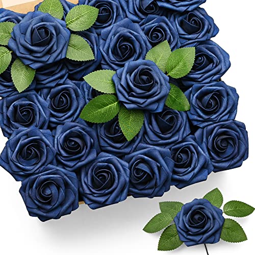 Mocoosy 50 Stück Blaue Rosen, künstliche Blumen, Marineblau, künstliche Rosen, echt aussehende Schaumstoff-Rosen, Bulk mit Stiel für DIY, Hochzeitssträuße, Tafelaufsätze, Party, Zuhause von Mocoosy