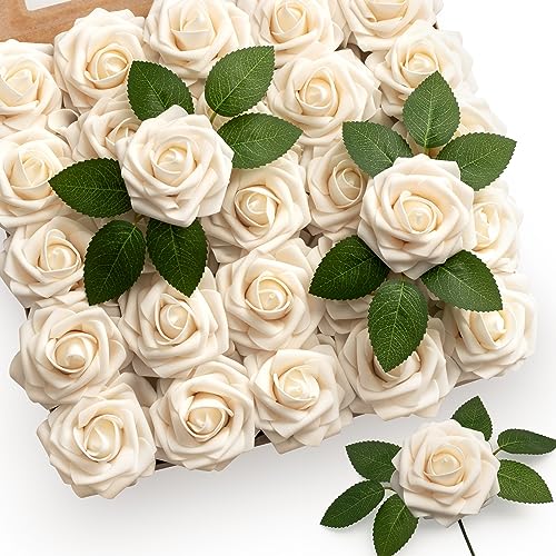 Mocoosy 50 Stück cremefarbene Rosen künstliche Blumen für Dekorationen, künstliche Schaumstoffrosen mit Stiel DIY für Hochzeitssträuße Tafelaufsätze Valentinstag Muttertag Zuhause Party-Dekorationen von Mocoosy