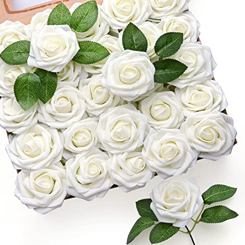 Mocoosy 50Pcs künstliche Rosenblüten, echt aussehende Elfenbein gefälschte Schaumrosen Bulk mit Stiel für Hochzeitssträuße Mittelstücke Brautdusche Home Party DIY Blumenarrangements Dekorationen von Mocoosy