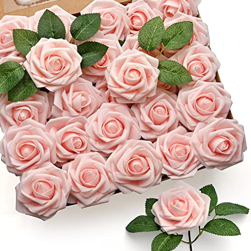 Mocoosy 50Pcs künstliche Rosenblüten, erröten rosa Rosen Real Touch Foam gefälschte Rose Bulk mit Stiel für Hochzeitssträuße Mittelstücke Brautdusche Party Home DIY künstliche Blumendekoration von Mocoosy