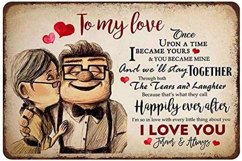 Mocozim Retro Metall-Blechschild Carl und Ellie To My Love Once Upon A Time I Became Yours – 14 x 20 cm – Wandhalterung – Blau – Love Story – Schlafzimmer dekoratives Metallschild von Mocozim