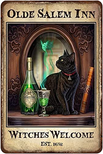 Rustikales Retro-Metall-Blechschild Oldie Salem Inn Hexen Willkommen Poster Halloween Wanddekoration Schwarze Katze Halloween Schwarze Katze Poster Schwarze Katze Druck Vintage Küche Cafe Home von Mocozim