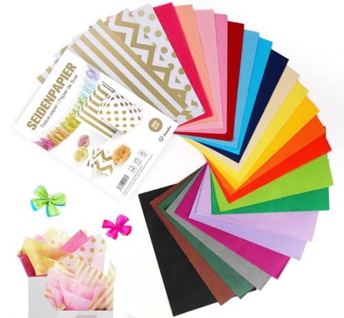 Mocraft Tracing Paper Colourful - 500 Sheets of A4 Tissue Paper, 22 Colours + 3 Print Patterns (Waves, Dots & Stripes) von Mocraft