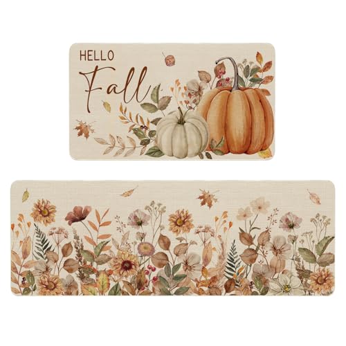 Küchenmatten mit Herbstblumen, 2er-Set, Herbstblumen, Kürbis, Küchenteppich für Herbst, Heimdekoration, waschbar, rutschfest, Küchenmatten für Herbst, Küchendekoration, Bodenmatte, 43,2 x 73,2 cm und von Mocsicka