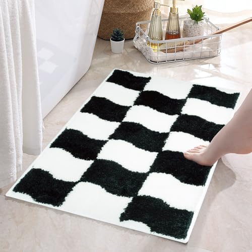 Mocsicka Badezimmerteppich, klassisch, modern, Schachbrett-Badematte, superweich, saugfähig, rutschfest, maschinenwaschbar, Teppich für Badezimmer, 50,8 x 76,2 cm, Schwarz von Mocsicka