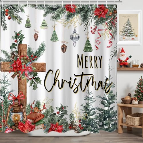 Mocsicka Frohe Weihnachten Duschvorhang God Be with Me Kreuz Weihnachten Duschvorhang Xmas Balls Pine Branch für Winter Christian Xmas Urlaub Badezimmer Dekor Bad Vorhang 183,9 x 183,9 cm von Mocsicka