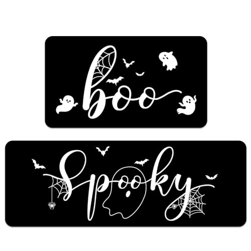 Mocsicka Gruselige Halloween-Küchenteppiche, 2er-Set, niedliche Geisterfledermaus, rutschfeste Küchenmatten für Boden, Halloween, Heimdekoration, Küche, Bodenteppiche für Flur, Waschküche, 43,2 x 76,2 von Mocsicka