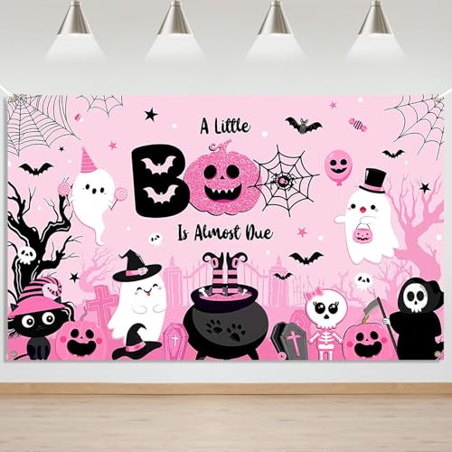 Mocsicka Halloween Baby Shower Hintergrund Banner Rosa Halloween Boo Baby Shower Party Hintergrund für Mädchen A Little Boo is Almost Due Banner Dekorationen von Mocsicka