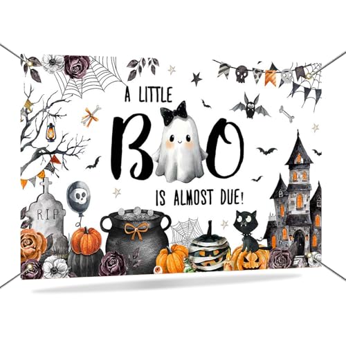 Mocsicka Halloween Boo Babyparty-Hintergrund Banner "A Little Boo is Almost Due Banner Halloween Spooky Little Ghost Baby Shower Decorations Photo Booth Props 70.8 x 43.3 Inch von Mocsicka