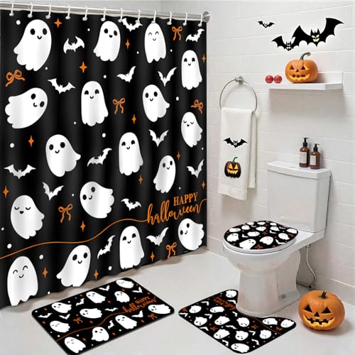 Mocsicka Halloween-Duschvorhang-Set, schwarze gruselige Schleife, Geist-Duschvorhang-Set für Halloween, Badezimmer-Dekoration, mit rutschfester, wasserdichter Badewanne, Badezimmerteppiche Mocsicka Halloween-Duschvorhang-Set, schwarze gruselige Schleife, Geist-Duschvorhang-Set für Halloween, Badezimmer-Dekoration, mit rutschfester, wasserdichter Badewanne, Badezimmerteppiche von Mocsicka
