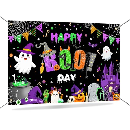 Mocsicka Happy Boo Day Hintergrund Banner Halloween Gruseliger kleiner Geist Party Banner Lila Halloween Kinder Familien Party Dekorationen Foto Booth Requisiten 180 x 100 cm von Mocsicka