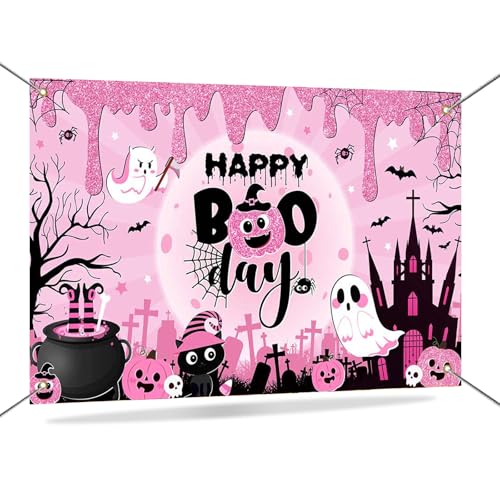 Mocsicka Happy Boo Day Hintergrund Banner rosa niedlicher Geist Halloween Foto Hintergrund gruselig Halloween Boo Geburtstag Party Dekorationen Banner Fotokabinen-Requisiten 180 x 100 cm von Mocsicka