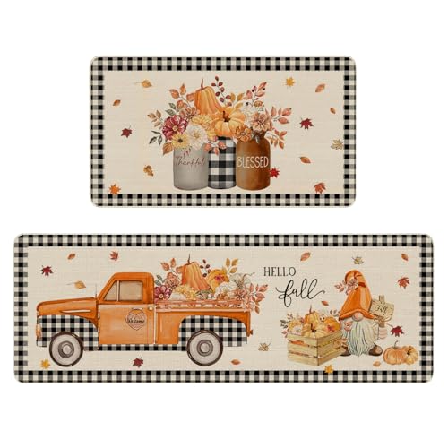 Mocsicka Herbst-Küchenmatten-Set für Herbst, Küchendekoration, waschbar, Blumen, Kürbis, Küchenteppich, Herbst-LKW, Zwerg-Küchenmatten für Herbst, Küchendekoration, Bodenmatte, 43,2 x 73,2 cm und 43,2 von Mocsicka