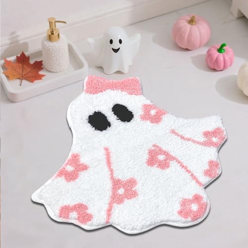 Mocsicka Pinke Halloween-Badematte, niedlicher Geister-Badezimmerteppich, superweich, saugfähig, rutschfest, Halloween-Badematte, maschinenwaschbar, Teppich für Badezimmer, 61 x 66 cm, Rosa von Mocsicka