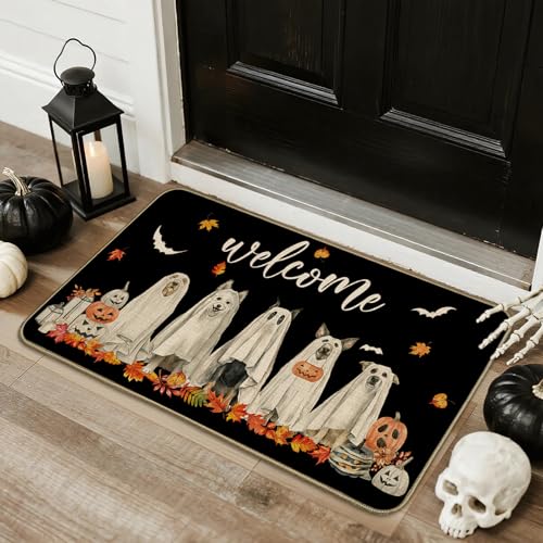 Mocsicka Schwarze Halloween-Fußmatte, 43,2 x 76,2 cm, lustiger gruseliger Geist, Halloween-Türteppich für Halloween-Dekoration, waschbar, rutschfest, Kürbis-Ahornblatt, Willkommens-Bodenmatte für Tür Mocsicka Schwarze Halloween-Fußmatte, 43,2 x 76,2 cm, lustiger gruseliger Geist, Halloween-Türteppich für Halloween-Dekoration, waschbar, rutschfest, Kürbis-Ahornblatt, Willkommens-Bodenmatte für Tür von Mocsicka