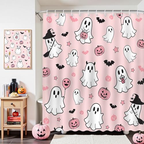 Mocsicka Süßer Halloween-Duschvorhang, rosa Cartoon-Kürbis und Geist, Badezimmer-Duschvorhang, Halloween, wasserdichter Stoff, Duschvorhänge, Badewannendekoration mit 12 Haken, 183 x 183 cm Mocsicka Süßer Halloween-Duschvorhang, rosa Cartoon-Kürbis und Geist, Badezimmer-Duschvorhang, Halloween, wasserdichter Stoff, Duschvorhänge, Badewannendekoration mit 12 Haken, 183 x 183 cm von Mocsicka