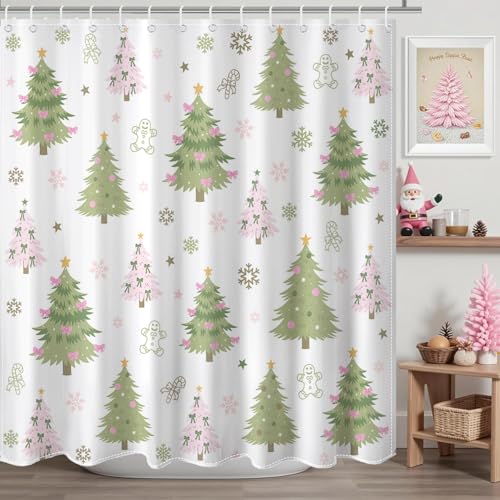 Mocsicka Weihnachts-Duschvorhang, niedlicher grüner Weihnachtsbaum, Schleife, Duschvorhang mit 12 Haken, wasserdicht, Weihnachtsbaum, Sterne, Schneeflocke, Badvorhang für Weihnachten von Mocsicka