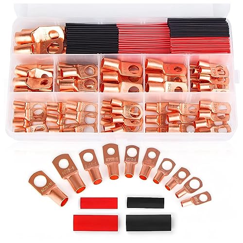 Mocturnity 130 Stück Kupferkabelschuhe für AWG12 10 8 6 4 2 Kabel, Schrumpfset, Ringkabelschuhe von Mocturnity
