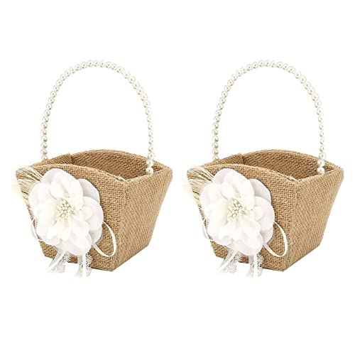 Mocturnity 2X Blumen MäDchen Korb Rustikale Sackleinen für Vintage Rustikale Hochzeit Blumen Korb mit Perlen von Mocturnity