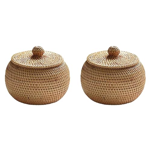 Mocturnity 2X Runde Rattan-Box mit Deckel, Handgewebte Aufbewahrungsbox, Multifunktionales Desktop-Tablett, Aufbewahrungskorb, Dekoration für Zuhause von Mocturnity