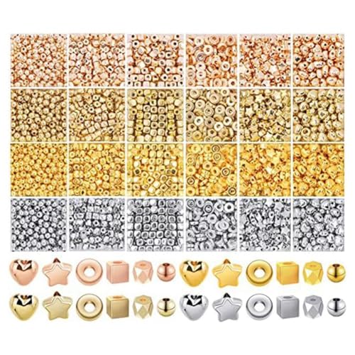 Mocturnity 4000 Stück Abstandsperlen für die Schmuckherstellung, 24 Verschiedene Perlenarten, Wie Abgebildet: Sternperlen, Kreisperlen, Quadratische Perlen, Herzperlen von Mocturnity