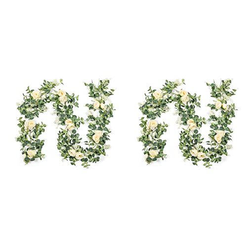 Mocturnity Packung mit 4 Eukalyptus-Girlanden mit Champagnerrose, grüne Girlande, künstliche Seide, Blumen, Eukalyptusblätter (A) von Mocturnity