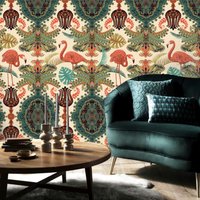 Damast Flamingo Tapete, Peel & Stick Und Traditionelle Boho Chic Designer Abnehmbare Tapete von ModEcoHome