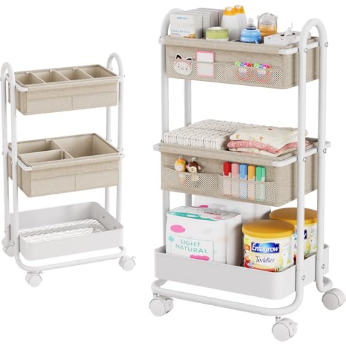 Modanais Baby-Windel-Caddy – 3-stöckiger Rollwagen mit Rollen, Baby-Essentials Kinderzimmer, abnehmbare Trennwände, für Kinderbett, Schlafzimmer, Kunst- und Bastel-Organizer (gebrochenes Weiß) von Modanais