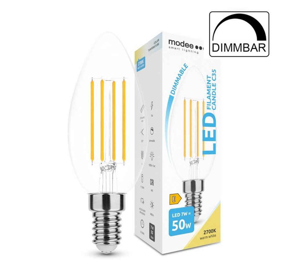 Modee Smart Lighting LED-Leuchtmittel 7 W Dimmbare E14 LED Leuchtmittel, Kerze, Klarglas, C35, dimmbar, Neutralweiß, LED Birne Filament Kerze (Candle) C35 7W E14 360° von Modee Smart Lighting