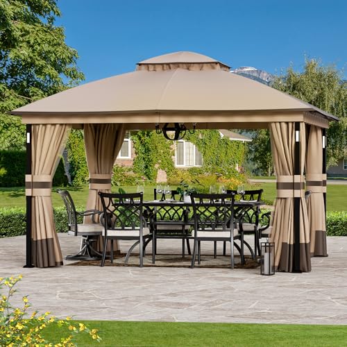 Moderner Shade Pavillon 3,35 x 3,96 m mit LED-Beleuchtung & Bluetooth-Lautsprecher, Stabiler Garden Gazebo mit Metallrahmen, Doppeldach, Weichdach Pavillon mit Moskitonetzen & Vorhängen von Modern Shade Outdoor Living Spaces