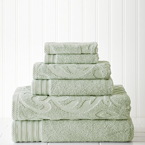 Amrapur 6-Piece Medallion Jacquard/Solid Ultra 550GSM 100% Combed Cotton Towel Handtuch-Set mit verzierten Rändern, Baumwolle, Grün (Soft Jade), Standard von Modern Threads