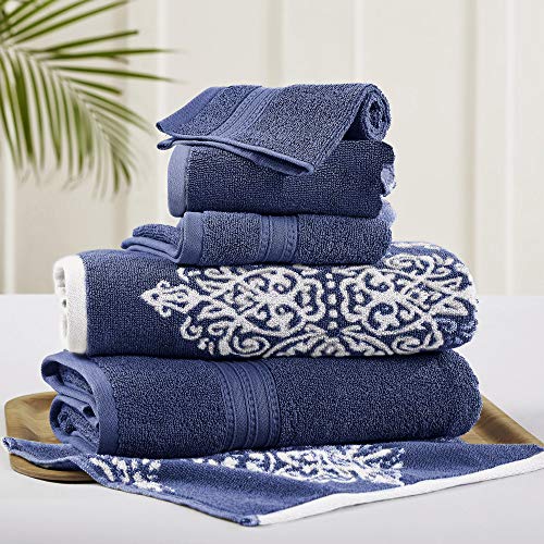 Amrapur Overseas | Artesia Damast 6-teiliges wendbares Garn gefärbtes Jacquard Handtuch-Set (Indigo) von Modern Threads