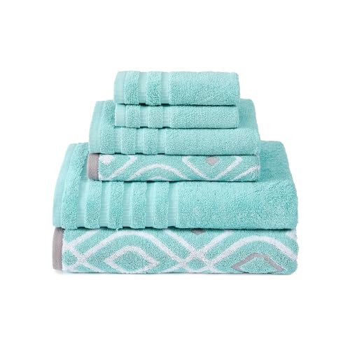 Modern Threads 6-Piece Yarn Dyed Stripe Jacquard/Solid Ultra Soft 550GSM 100% Combed Cotton Towel Set 6 x garngefärbte Handtücher Oxford Aqua, Baumwolle, 40.6 x 25.4 x 12.7 cm, 6 von Modern Threads