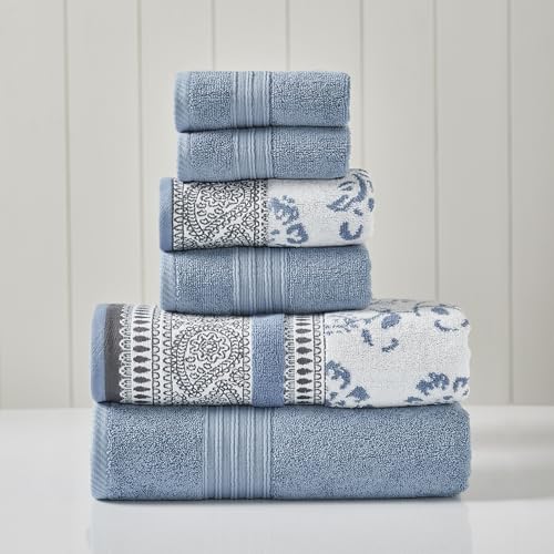 Modern Threads 6-teiliges Set, 2 Badetücher, 2 Handtücher, 2 Waschlappen garngefärbtes Jacquard/festes Handtuch-Set, Ophelia Blau von Modern Threads