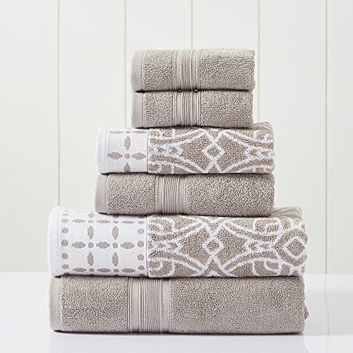 Modern Threads 2 Badetücher, 2 Handtücher, 2 Waschlappen, garngefärbtes Jacquard/einfarbiges Handtuch-Set, Beige (Monroe Fawn), 6-teiliges Set von Modern Threads
