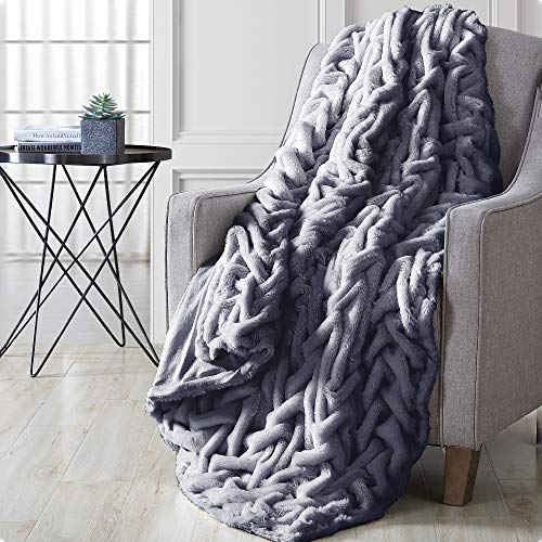 Modern Threads Luxuriöses, solides geflochtenes Kunstfell, Rückseite zu Flanell Überwurfdecke, Mikrofaser, Grau, 50 x60 von Modern Threads