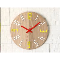 Holz Wanduhr Große Unikat Eichen Wanduhren Gelb Rot Weiss von ModernClock