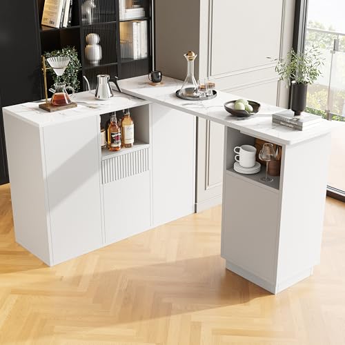 360° drehbarer Bartisch mit Marmor-Arbeitsplatte, Multifunktionale Bar mit Stauraum, Ausziehbar und Flexibel, L-förmig oder linear, für Küche, Wohnzimmer und Esszimmer – Weiß von ModernLuxe