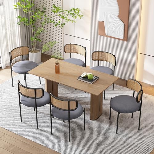 Esszimmerstühle im 6er-Set, moderner Freizeitstuhl mit Rattan-Rückenlehne Samtkissen,stabilen Metallbeinen und rundem Sitzkissen, ideal für Wohnzimmer und Schlafzimmer, Grau von ModernLuxe