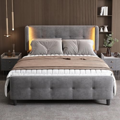 LED Polsterbett Doppelbett 140x200 cm mit 16-Farbiger LED-Leiste, Gesteppte Kopf- und Fußteil, höhenverstellbares Kopfteil, Samt, Grau ohne Matratze von ModernLuxe