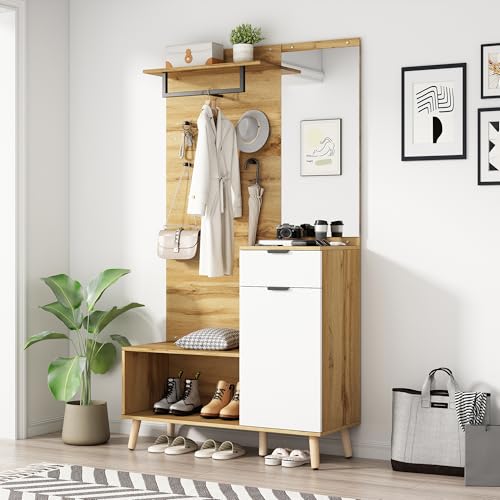 ModernLuxe Eingangsschrank Wandgarderobe Garderoben-Set aus Holz mit Spiegel, Schuhbank, Schublade, Regal und Kleiderhaken – 104 x 39 x 190cm Holzfarbe ModernLuxe Eingangsschrank Wandgarderobe Garderoben-Set aus Holz mit Spiegel, Schuhbank, Schublade, Regal und Kleiderhaken – 104 x 39 x 190cm Holzfarbe von ModernLuxe