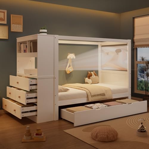 ModernLuxe Einzelbett Kinderbett 90x200 cm mit Fallschutz & Gitter, Holzbett mit Stauraum und 5 Schubladen, Weiß/Natur, Kiefer & PB, Mit Schreibtischfunktion, für Kinderzimmer ohne Matratze ModernLuxe Einzelbett Kinderbett 90x200 cm mit Fallschutz & Gitter, Holzbett mit Stauraum und 5 Schubladen, Weiß/Natur, Kiefer & PB, Mit Schreibtischfunktion, für Kinderzimmer ohne Matratze von ModernLuxe