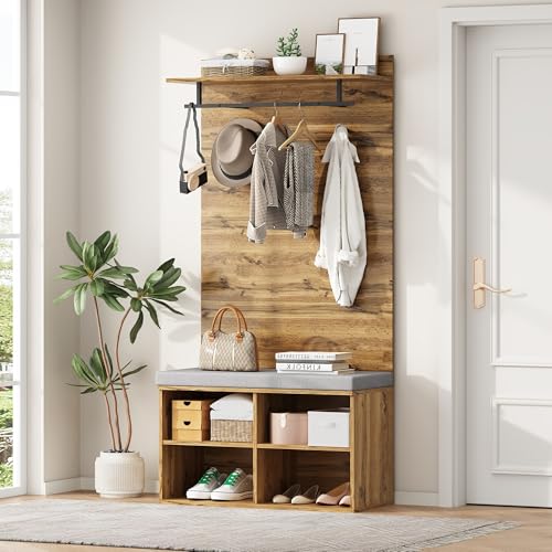 ModernLuxe Garderoben-Set in Holzoptik Eingangsschrank Wandgarderobe mit Schuhbank, verstellbarem Regal, Kleiderstange und Polster – Platzsparende Flurmöbel, 84 x 32 x 175 cm Holzfarbe von ModernLuxe